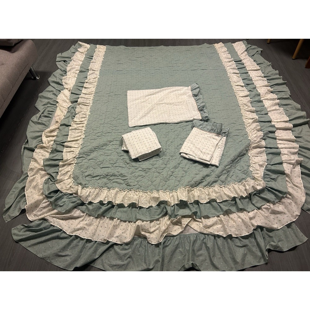Vintage Sears Cottagecore Full Green Floral Ruffle‎ Bedspread Sheets Pillow Case